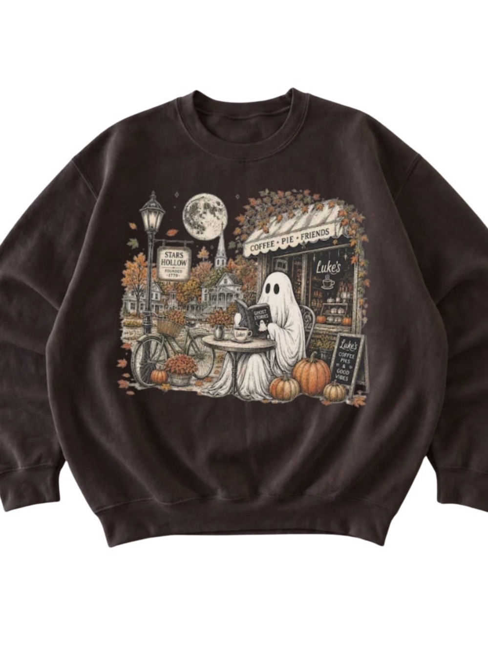 Dark Brown Ghost Café Graphic Crewneck Sweatshirt